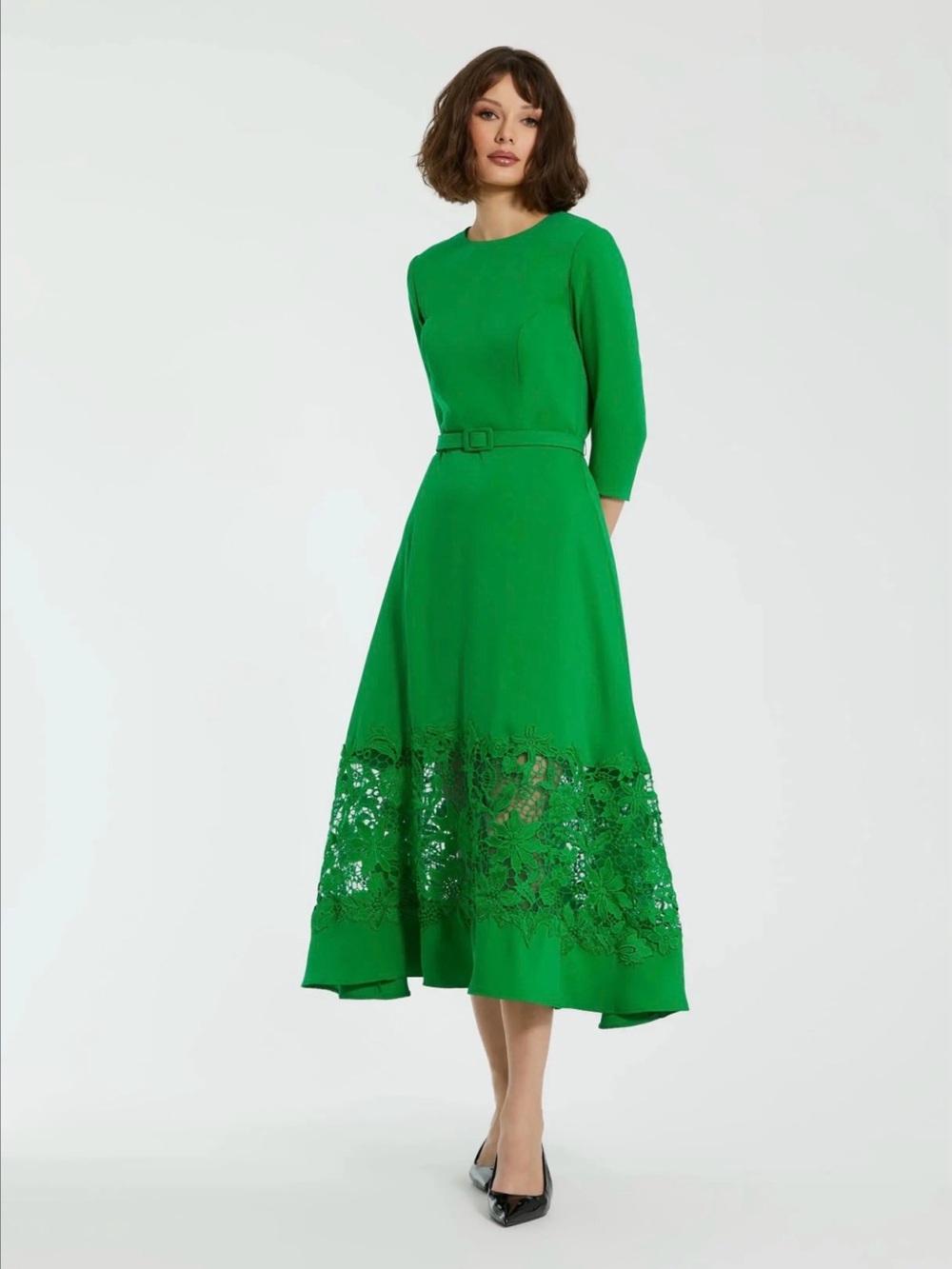 Mac Duggal Vibrant Green Midi Dress with Lace Panel